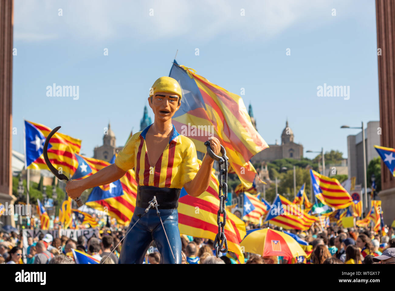 Barcelona, Catalonia / Spain - September 11, 2019: Catalan iconic reaper figure at the Independentist rally during La Diada, Catalonia's National Day. Stock Photo