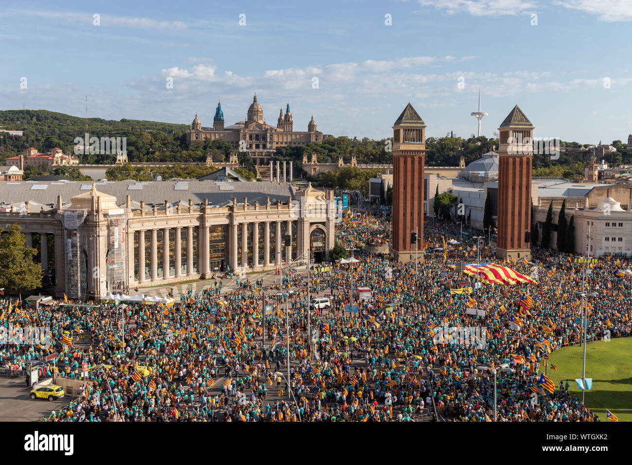 Aerial view of the catalan independentist rally at Plaça Espanya. La Diada,Catalonia's National Day. Barcelona, Catalonia / Spain - September 11, 2019 Stock Photo