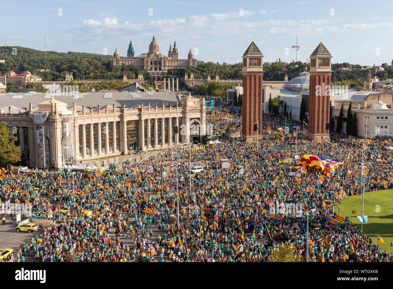 Aerial view of the catalan independentist rally at Plaça Espanya. La Diada,Catalonia's National Day. Barcelona, Catalonia / Spain - September 11, 2019 Stock Photo