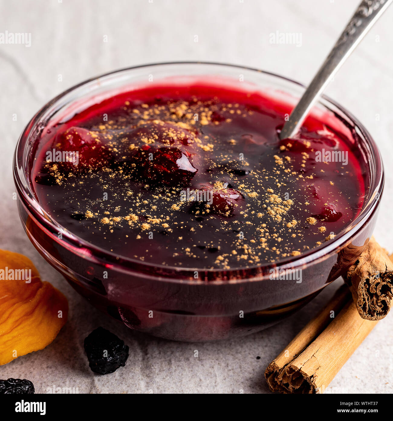 Mazamorra morada, delicious peruvian dessert jam with dried fruits and