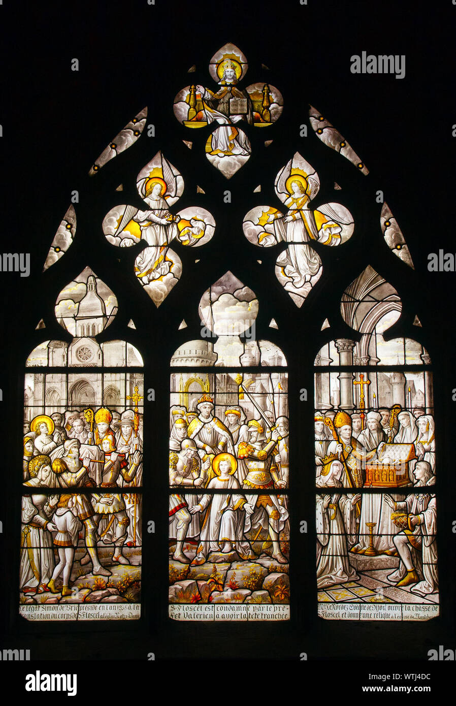 Stained glass window of the Notre-Dame collegiate church. Beaune, Burgundy, France. Stock Photo