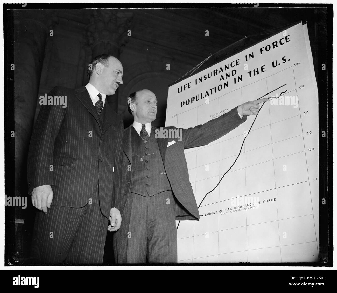 Monopoly committee takes up insurance. Washington, D.C., Feb. 6. The SEC today, through the temporary National Economic Committee, began an investigation of insurance companies and the business. Ernest How, Chief Financial Adviser to the study and Dr. Donald H. Davenport, Special Economic Consultant, first witnesses, here are pointing out one of the mass of charts to be used as statistical matter in the investigation. Dr. Davenport is a former Harvard Professor, now serving with the SEC, 2-6- 39 Stock Photo