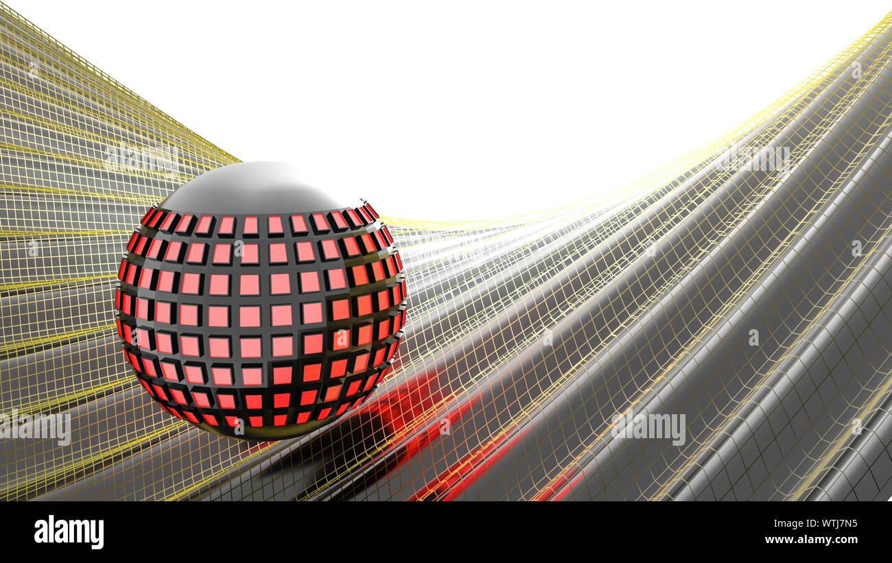 Black sphere with red lights, on a waved black surface - 3D rendering ...