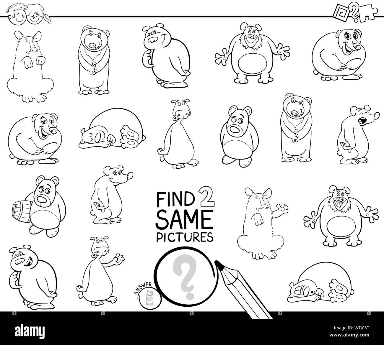 Black and White Cartoon Illustration of Finding Two Same Pictures ...