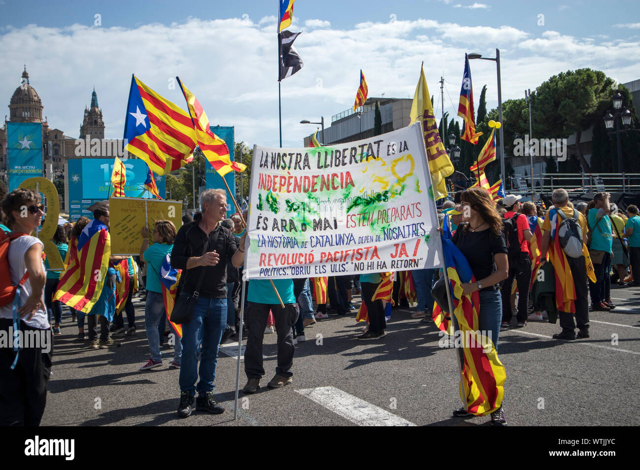 Barcelona, Catalonia, Spain, September 11, 2019: Catalan people celebrating La Diada Nacional de Catalunya (11th September) and supporting the indepen Stock Photo