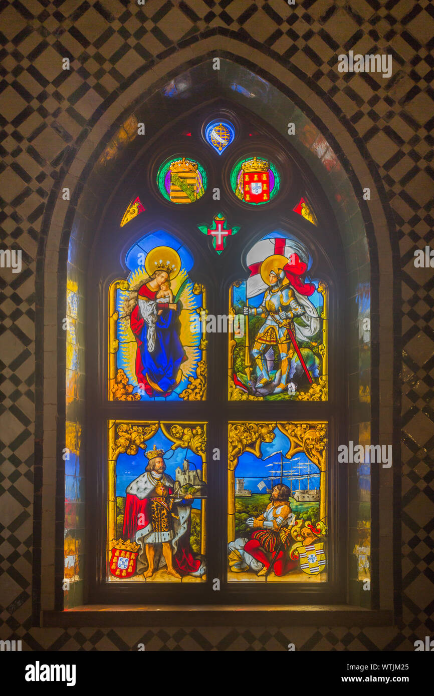 Colourful arched stained glass window in the Chapel at the 19th century  romanticist hilltop Castle of Pena Palace (Palácio da Pena), Sintra,  Portugal Stock Photo - Alamy