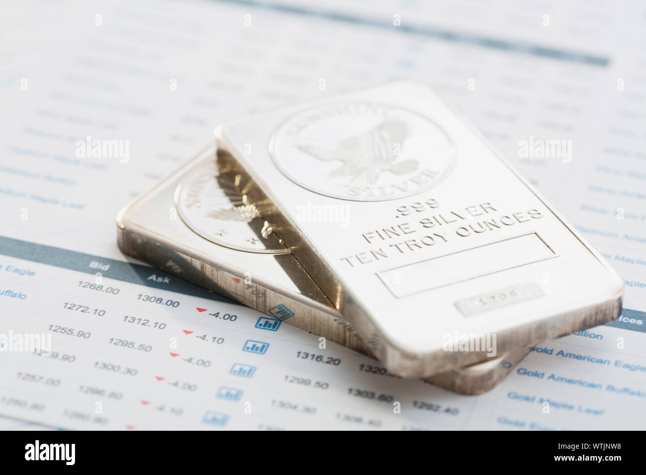 Gold ingots on stock market data Stock Photo