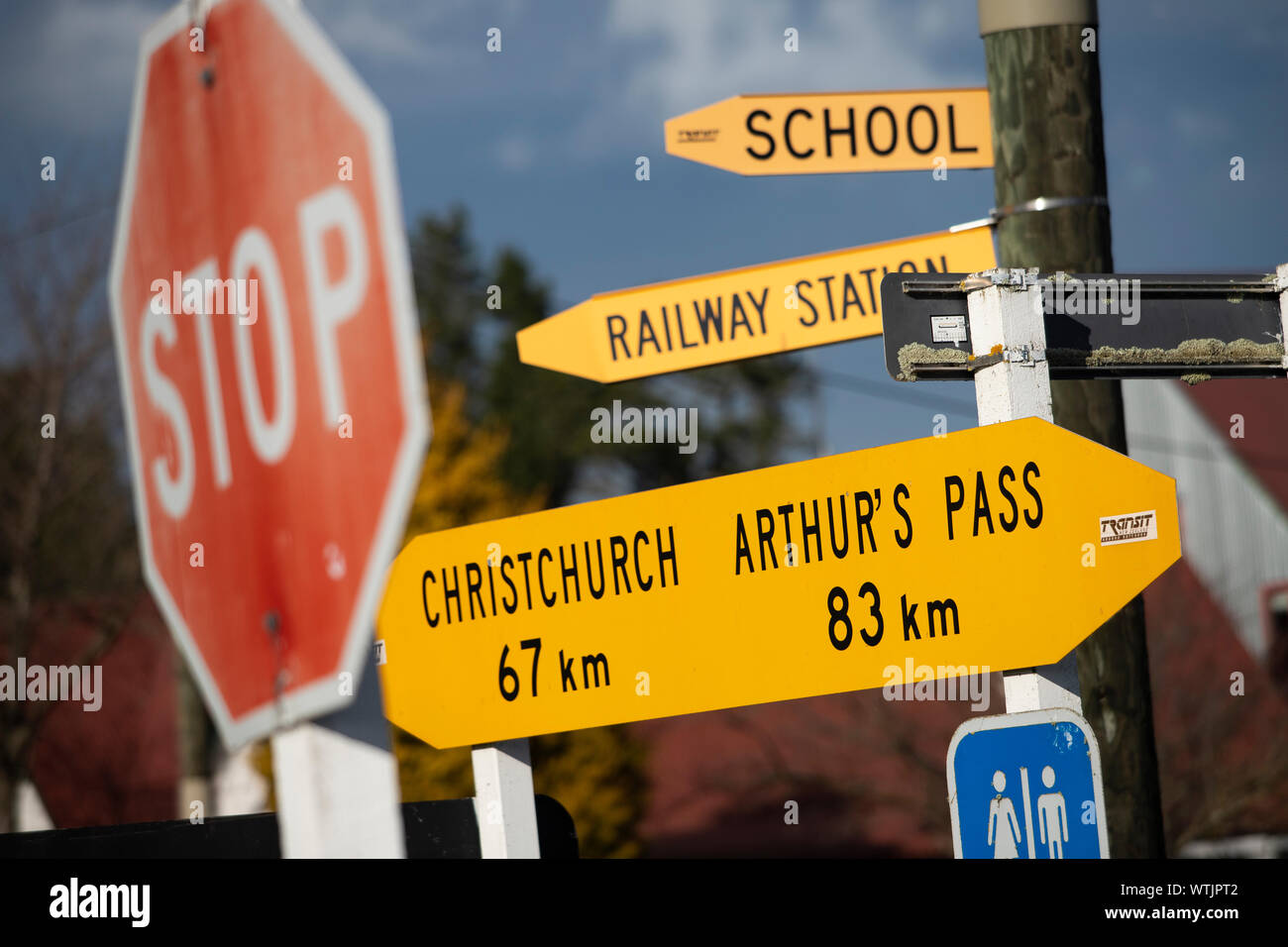 Road signs at Springfield, Canterbury, New Zealand Stock Photo