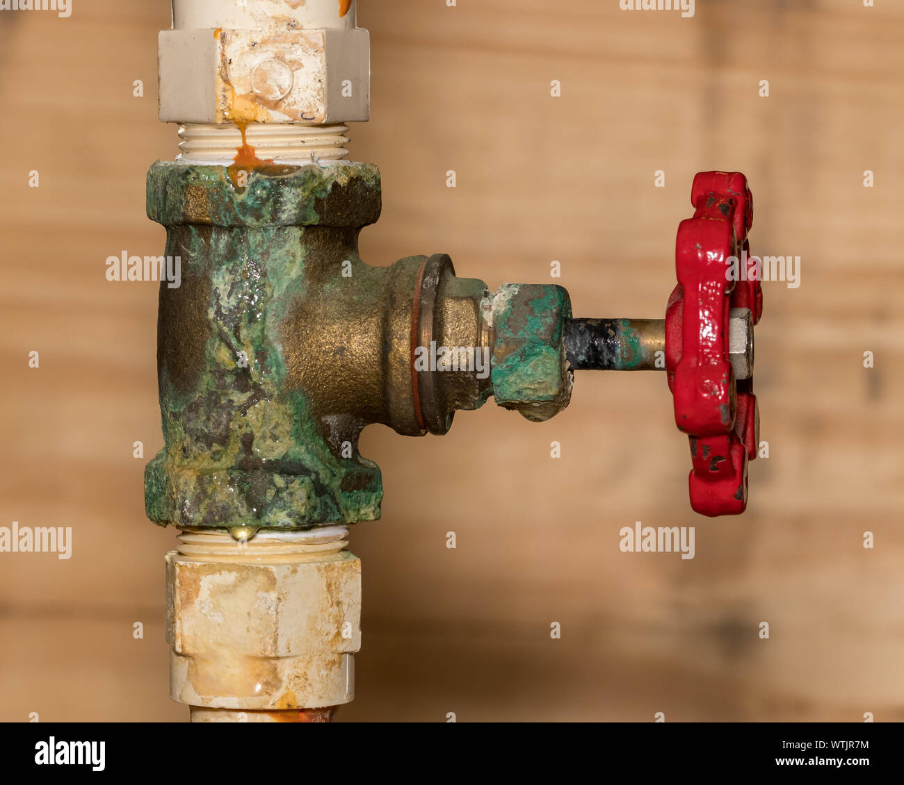 PVC plastic plumbing pipe with brass shutoff valve corroded and leaking water at thread fitting and stem packing Stock Photo