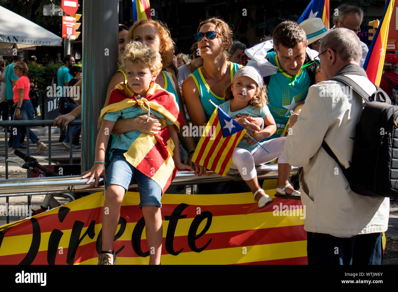 Barcelona, Catalonia, Spain, September 11, 2019: Catalan people celebrating La Diada Nacional de Catalunya (11th September) and supporting the indepen Stock Photo