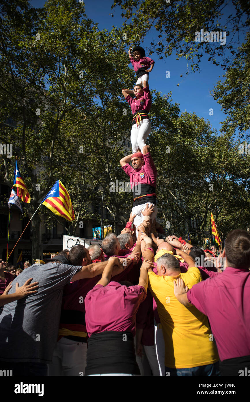 Barcelona, Catalonia, Spain, September 11, 2019: Catalan people celebrating La Diada Nacional de Catalunya (11th September) and supporting the indepen Stock Photo