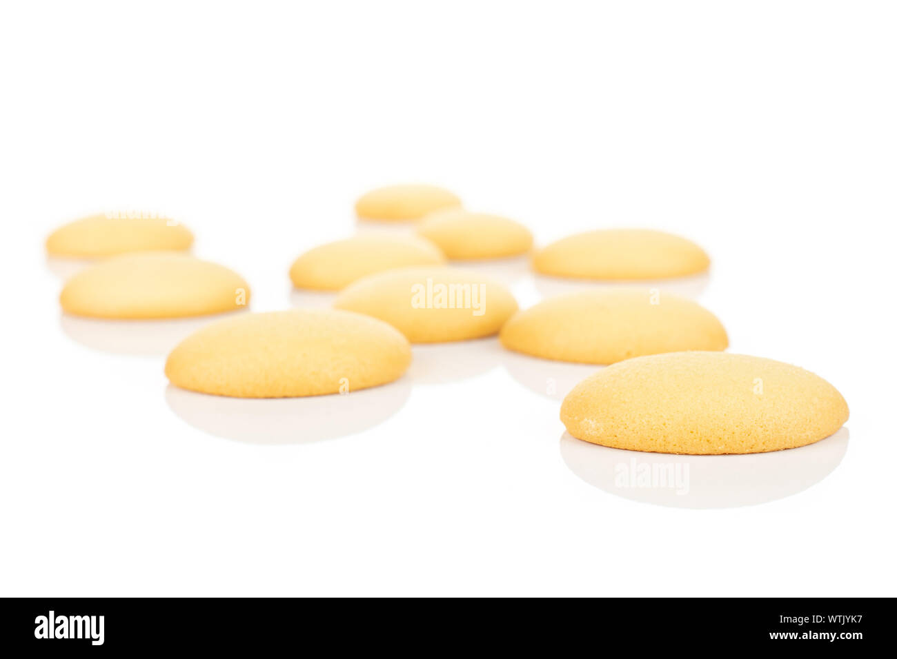 Group of ten whole sweet golden sponge biscuit isolated on white ...
