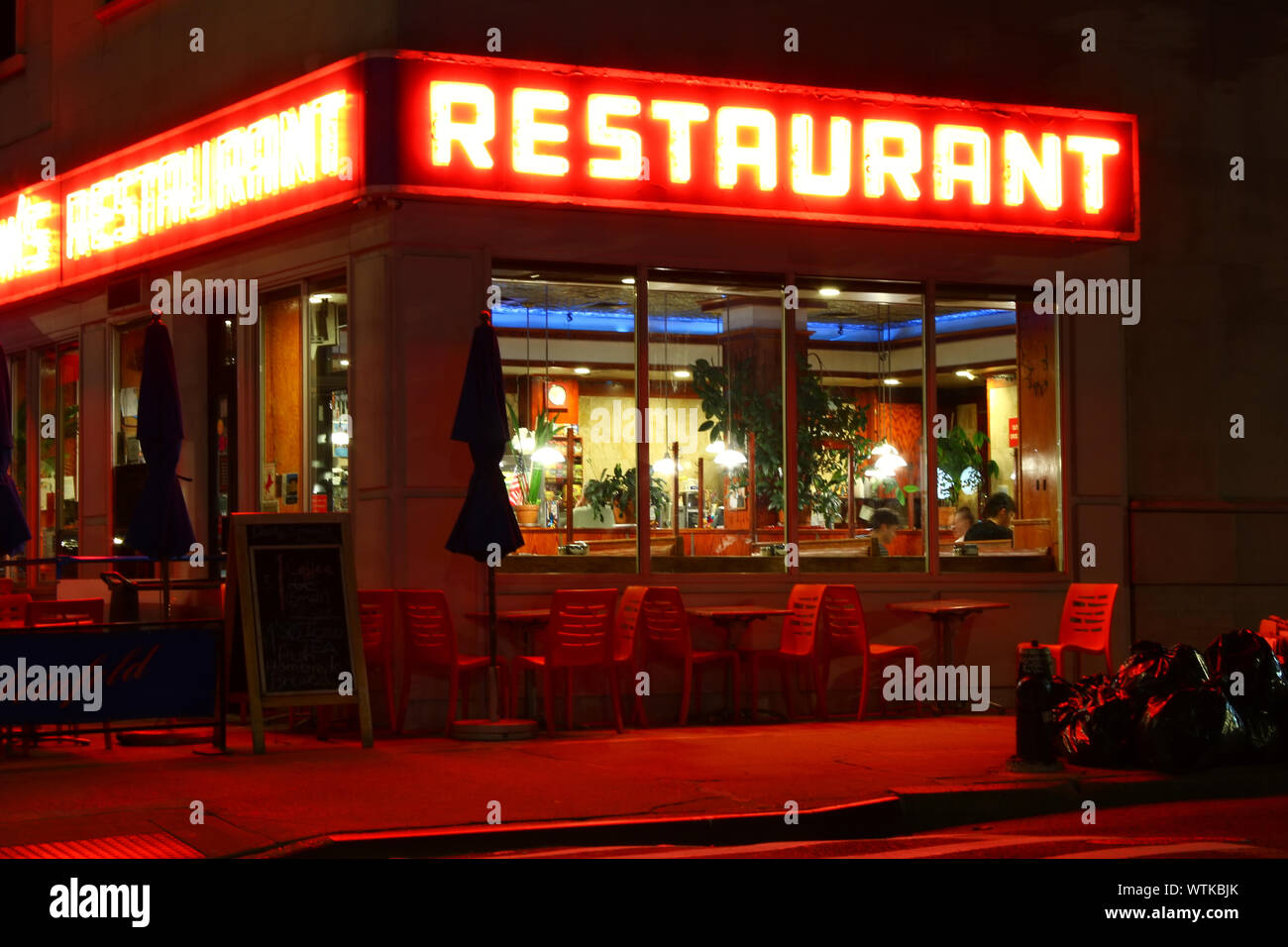 Tom's Restaurant, which exterior was routinely used in Seinfeld episodes, is one of the most recognized diners in Upper West Side, Manhattan on AUGUST Stock Photo