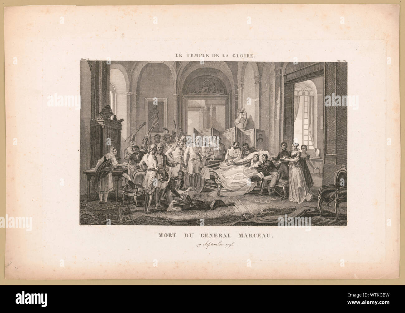 Mort du General Marceau, 19 Septembre 1796  Print shows an interior view of a large room crowded with officers of General Marceau who is reclining on a sofa during the waning moments of his life. Stock Photo