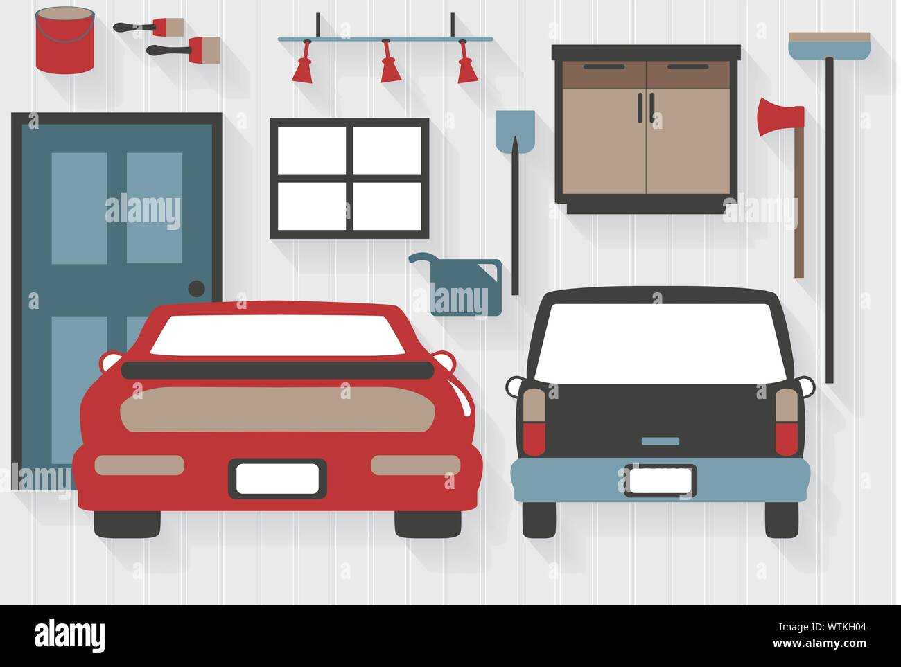 Flat Icons Garage Furniture with Cars and Tools - All Long Shadows on one layer - contains blends Stock Vector