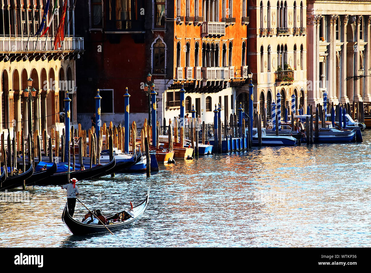 High Angle View Of Gondoliers Sailing Gondola In Grand Canal Stock Photo