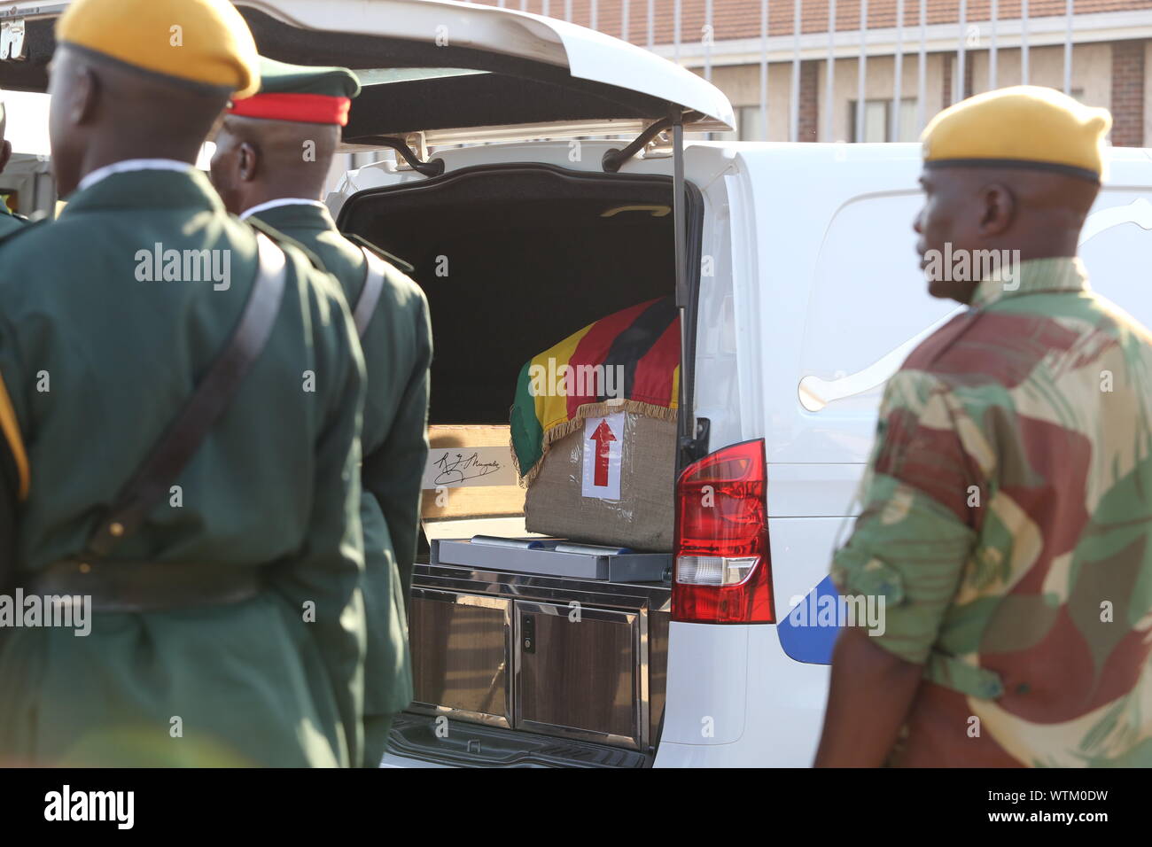 Harare, Zimbabwe. 11th Sep, 2019. The casket of the late former Zimbabwean President Robert Mugabe is seen in a van at the Robert Gabriel Mugabe International Airport in Harare, Zimbabwe, on Sept. 11, 2019. The body of the late former Zimbabwean President Robert Mugabe, who died in Singapore last Friday aged 95, arrived in the country on Wednesday afternoon ahead of his burial planned for Sunday. Credit: Chen Yaqin/Xinhua/Alamy Live News Stock Photo