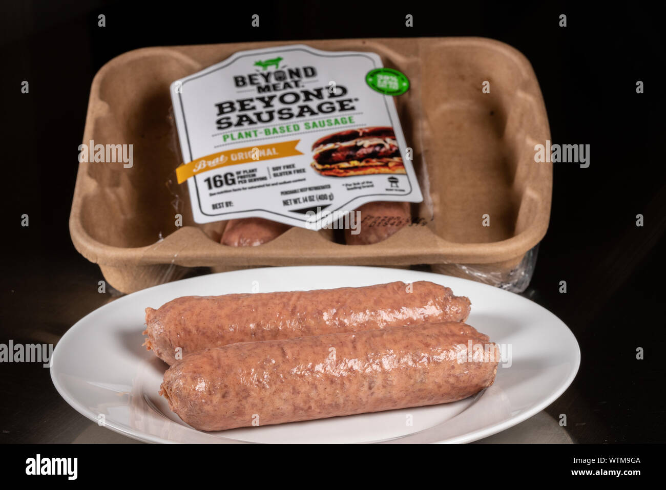 Beyond Meat company sausage known as Beyond Sausage is a vegetable plant based sausage now on sale in the USA and at McDonalds Stock Photo