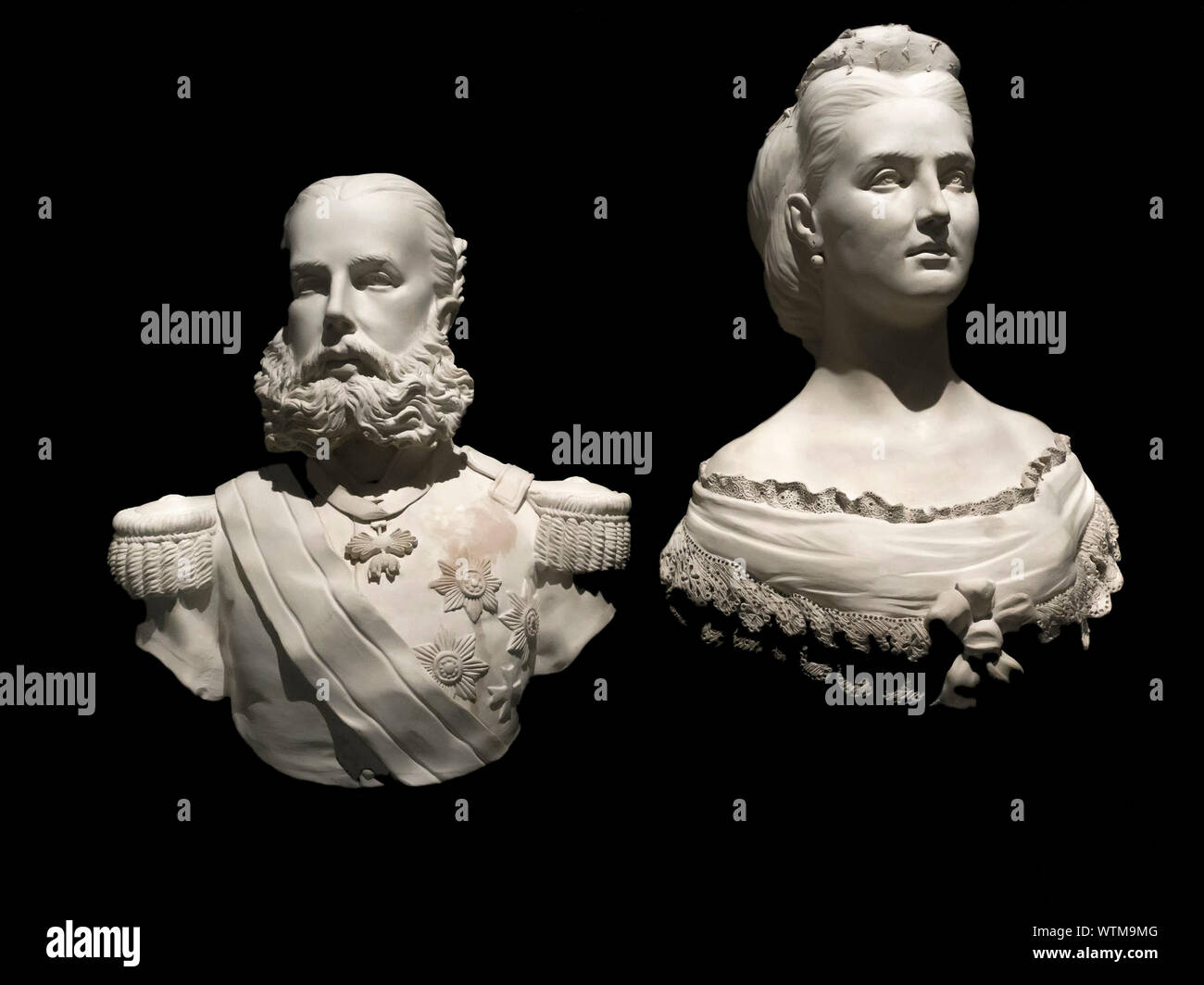 Busts of Emperor Maximilian and his wife Carlota in Chapultepec Castle, Mexico City.  He was an Austrian archduke she a Belgian princess but they were Stock Photo