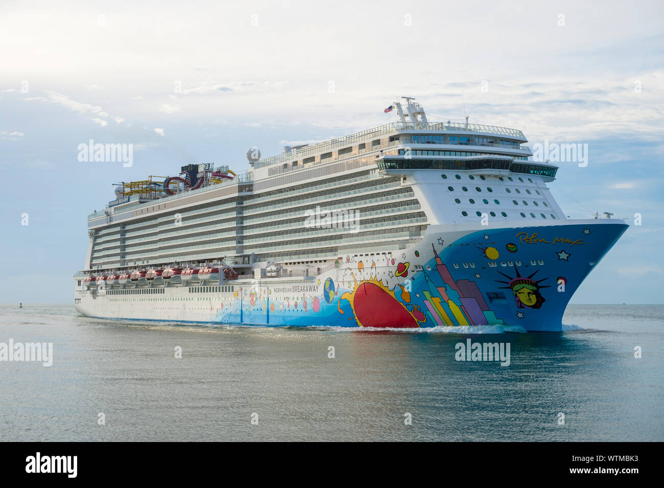 MIAMI - SEPTEMBER 5, 2019: The Norwegian Breakaway cruise ship returns to PortMiami empty after discharging passengers in New Orleans during a storm. Stock Photo