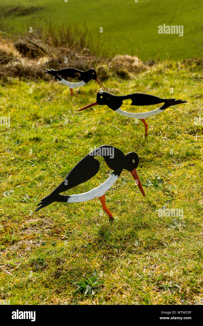 Oystercatchers, a sculpture by Andy Mortley and Lisa McKenna, at the Calgary Sculpture Walk, Calgary Bay, Isle of Mull, Scotland, UK Stock Photo