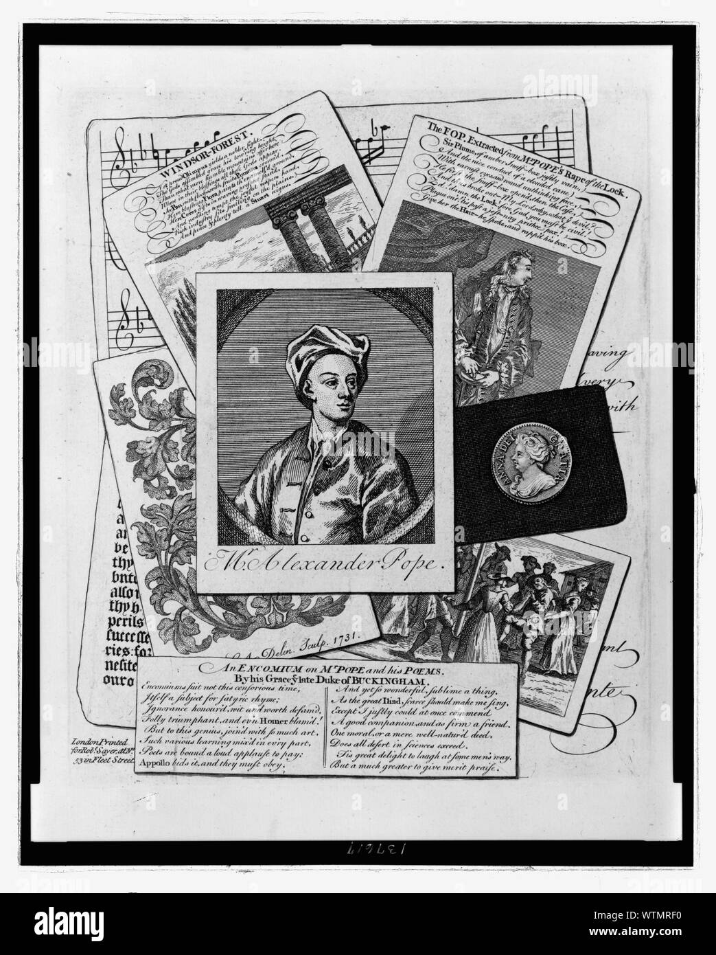 Mr. Alexander Pope  Medley print  shows pictures lying as if carelessly placed one over the other. All images relate to Alexander Pope. The center image is a portrait of Pope.  Underneath the images is An Encomium on Mr. Pope and his poems. By his Grace ye late Duke of Buckingham. Stock Photo