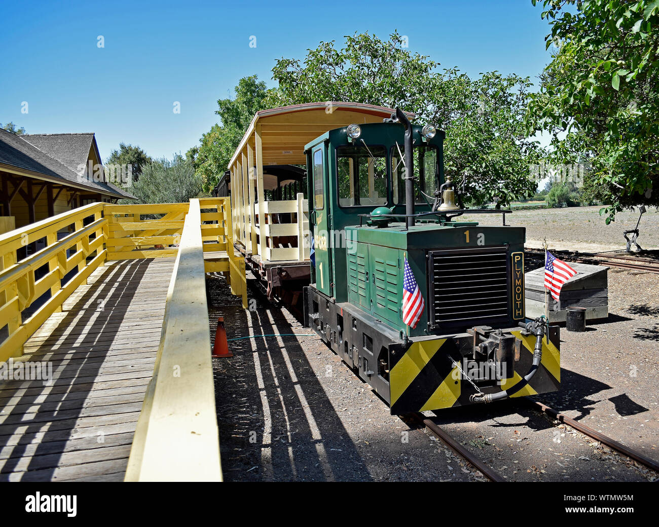 Plymouth locomotive and picnic car at Arden train station, Ardenwood Historic Farm, Fremont, California Stock Photo