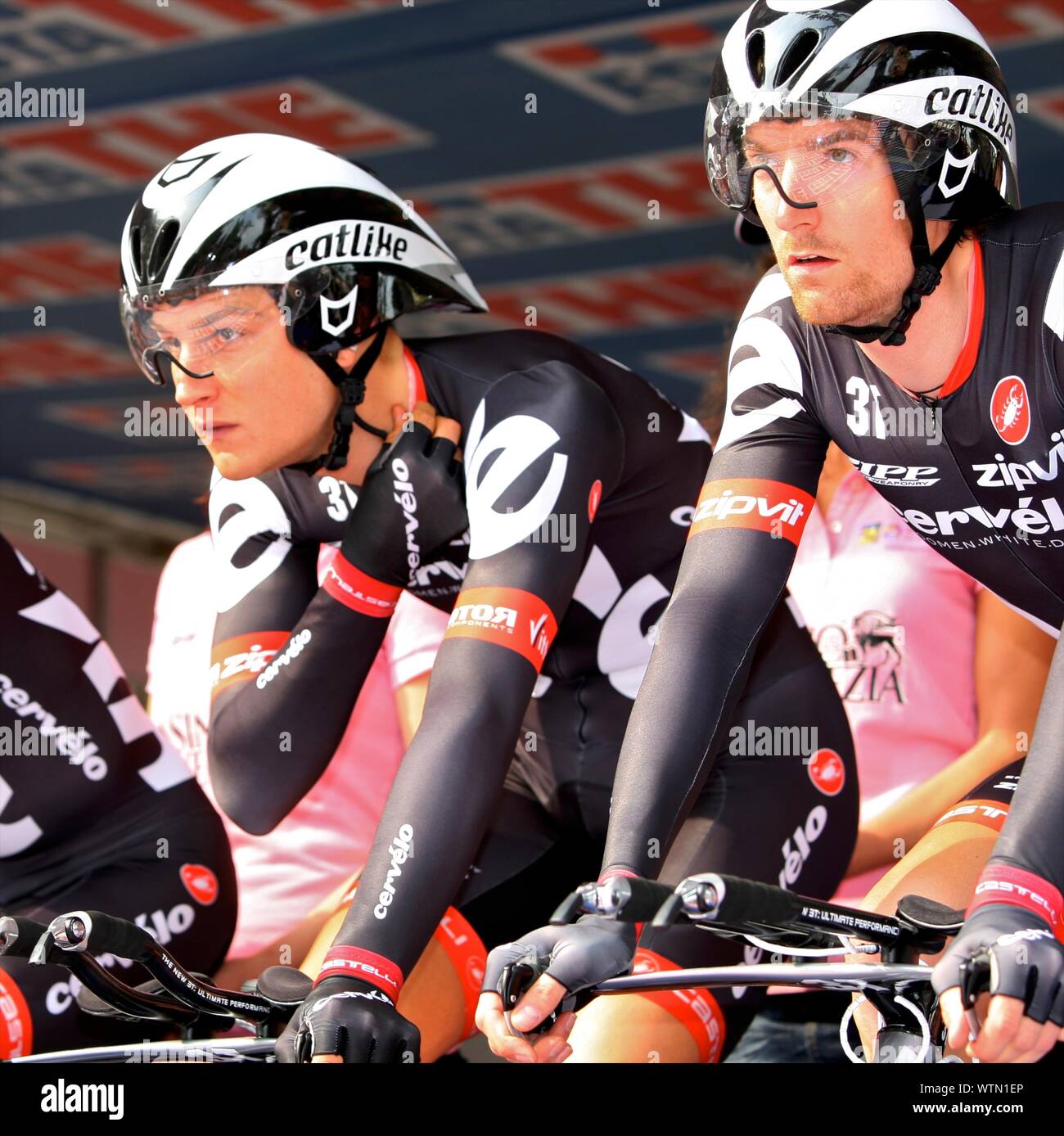 Team Cervelo prepares for the Team Time Trial at the Giro di Italia