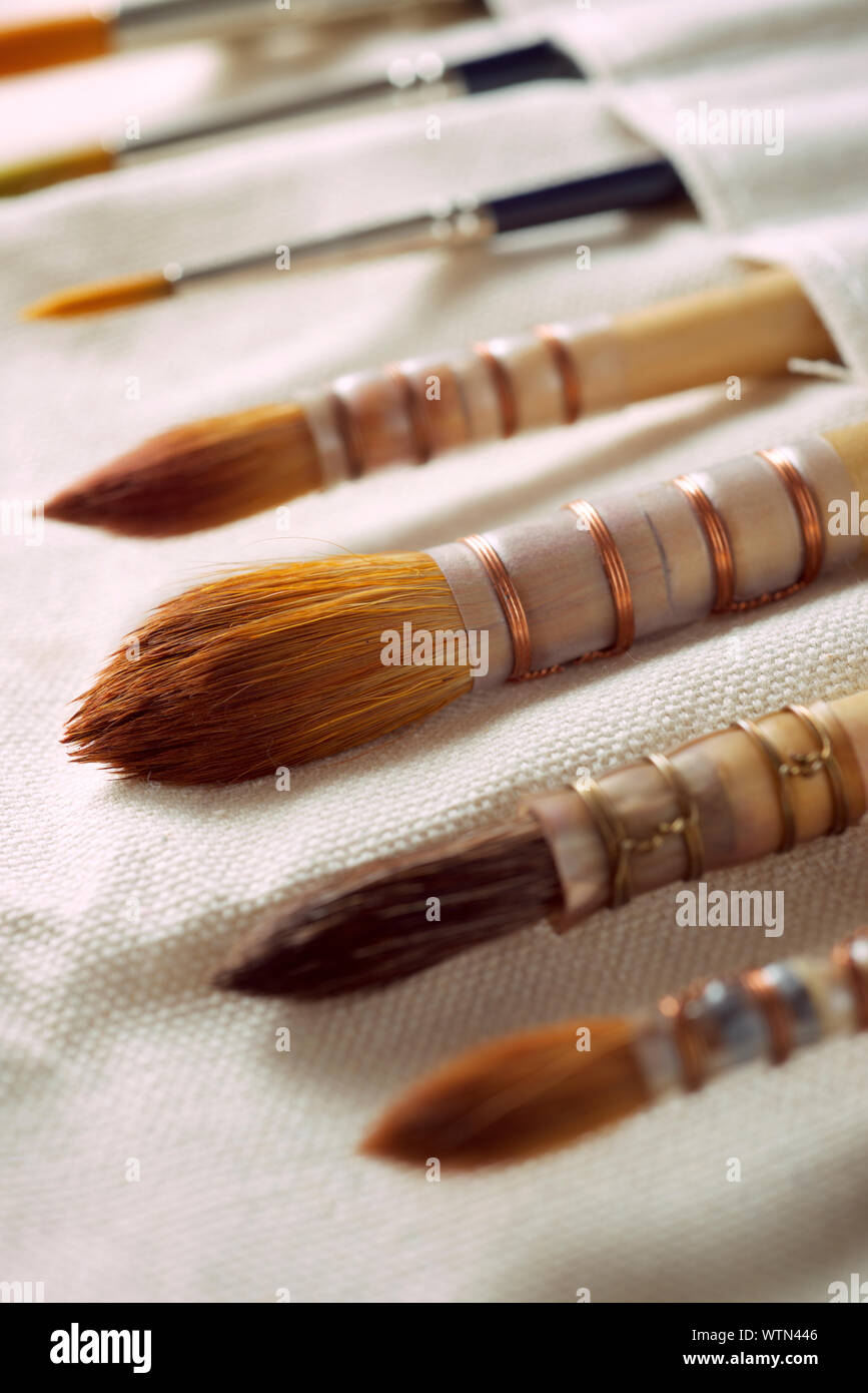 Paintbrushes on a cloth. Stock Photo