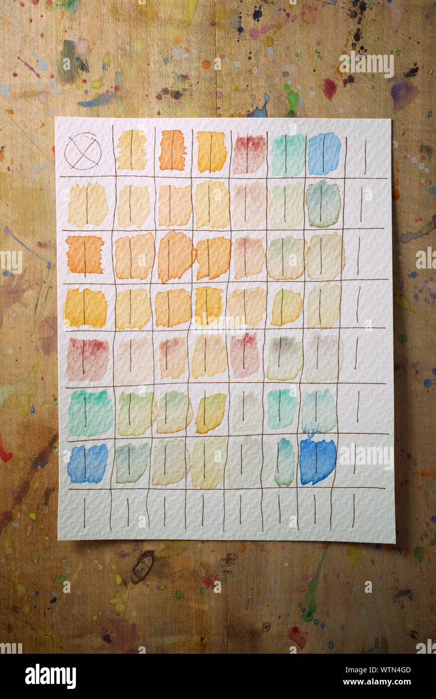 Watercolor test card on a table. Stock Photo