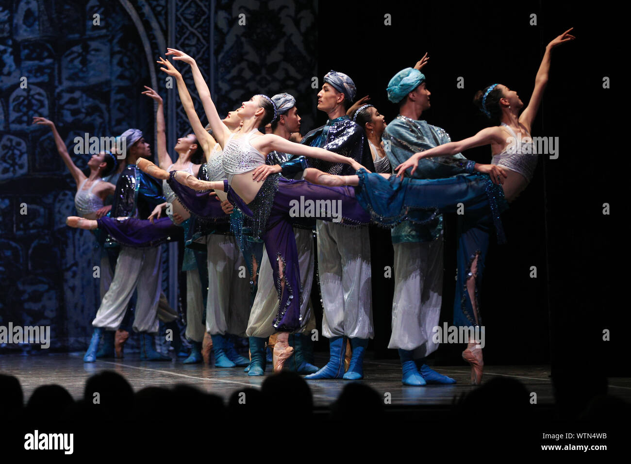 Brussels, Belgium. 11th Sep, 2019. Artists dance during the ballet 'The Last Mission of Marco Polo' at the Royal Circus in Brussels, Belgium, on Sept. 11, 2019. Performed by China's Shanghai Ballet, the show was organized by the Chinese Embassy in Belgium and the Chinese Mission to the European Union to celebrate the 70th anniversary of the founding of the People's Republic of China. Credit: Zheng Huansong/Xinhua/Alamy Live News Stock Photo