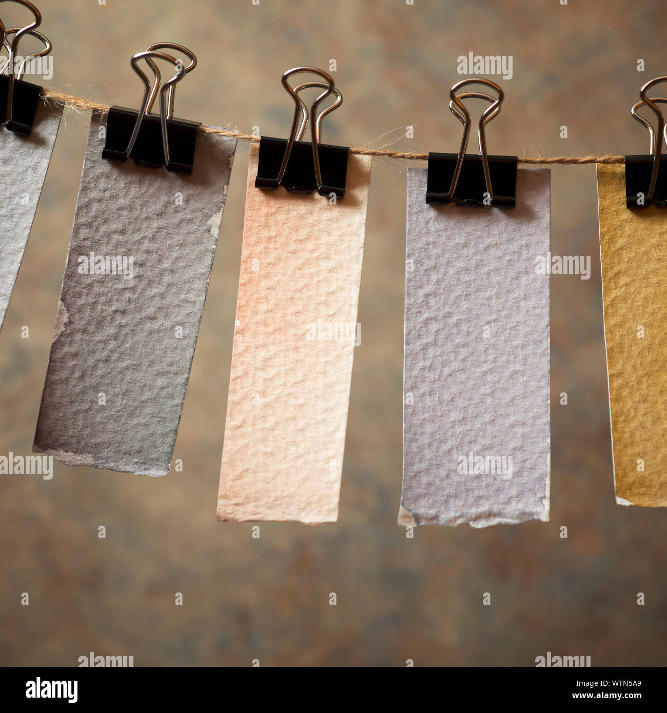 Watercolor test cards hanging on a rope. Stock Photo