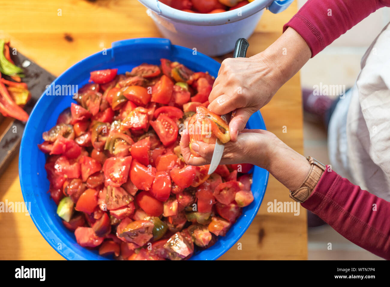 Woman cutting large amount of tomatoes for prepare tomato sauce. Preparation of tomatoes for cooking .  Stock Photo