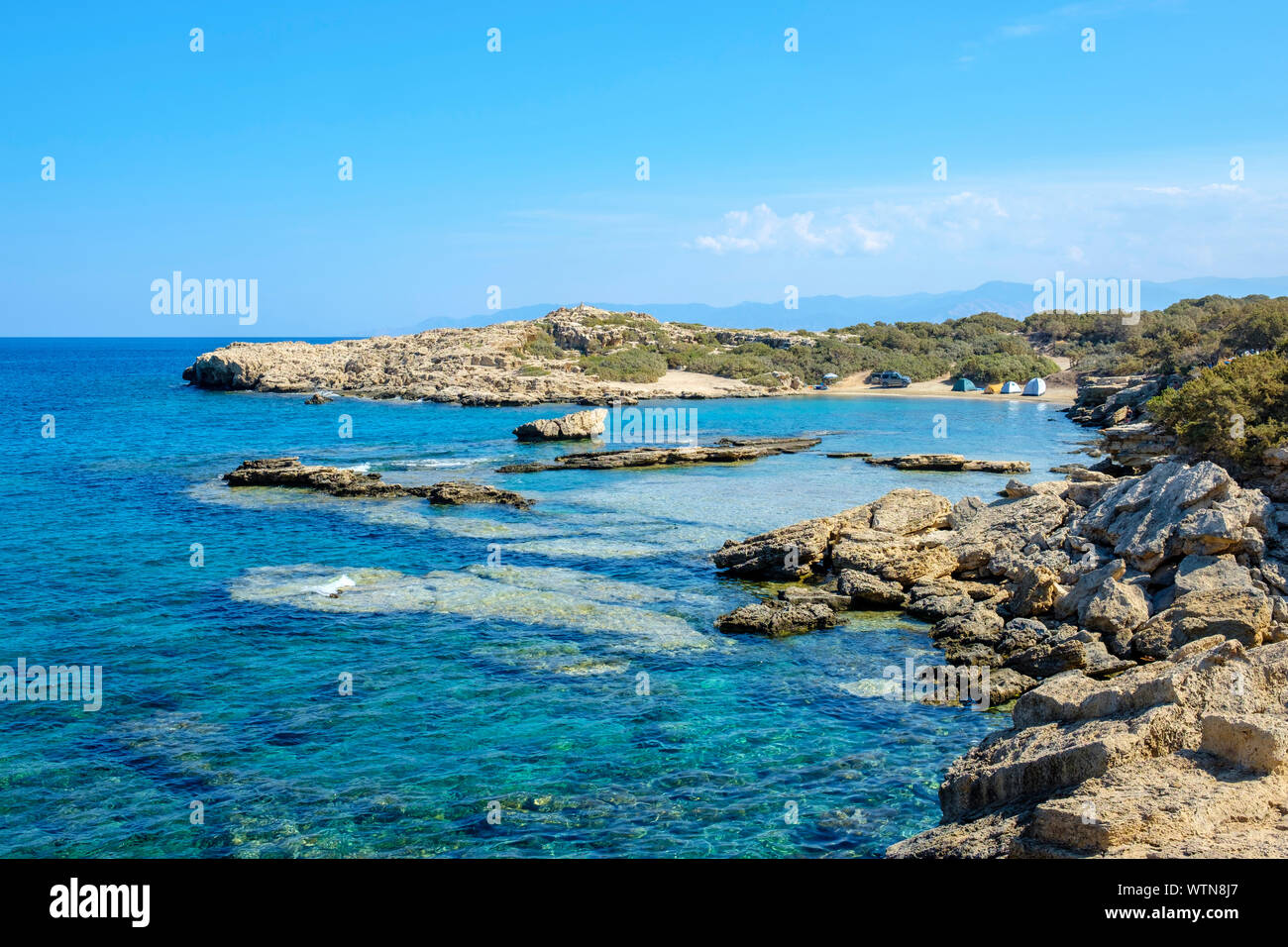 Camping on the beach in Akamas Peninsula National Park, Neo Chorio, Paphos District, Cyprus Stock Photo