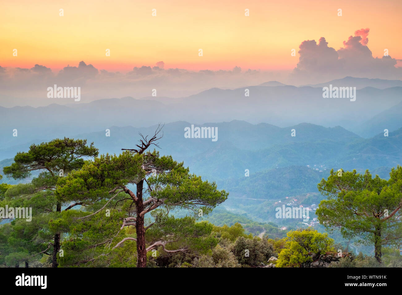 Troödos mountains landscape at sunset, Pano Platres, Cyprus Stock Photo