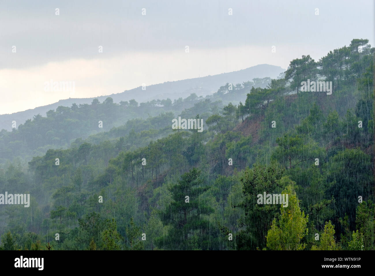 Summer rainstorm in the Troödos mountain range, Pano Platres, Limassol District, Cyprus Stock Photo
