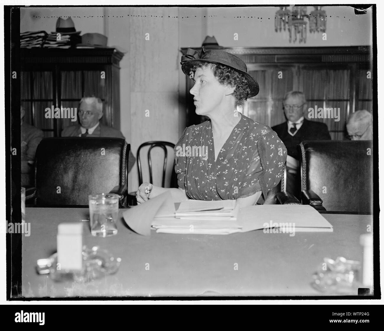 Mrs. Brown at Child Labor hearing. Washington, D.C., May 20. Mrs. La Rae Brown of Boston, Mass., Director of the National League of Women Voters appeared before the Senate Interstate Commerce Committee today. She stated that she was in favor or Sen. Alden W. Barkley's bill which would prohibit the interstate shipment of goods made by child labor, 5/20/1937 Stock Photo