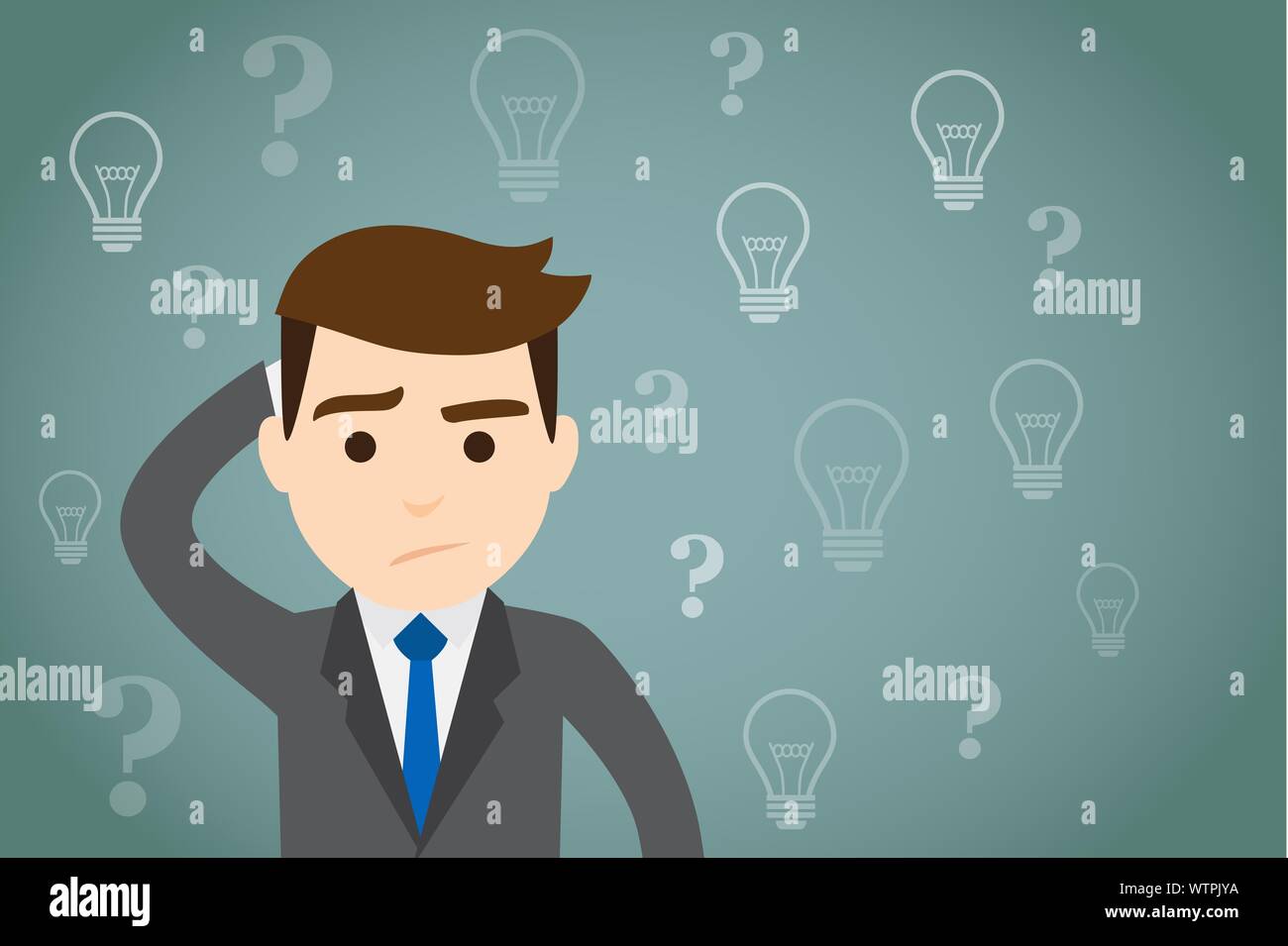 A businessman surrounded by bulbs. Idea concept. Vector Illustrator Stock Vector