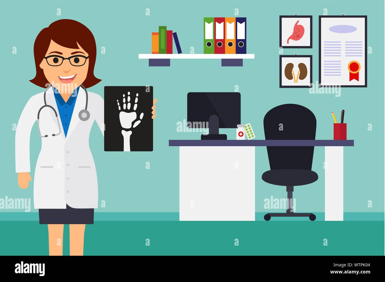 Medical office. Female doctor holding a bone scan. Vector illustration ...