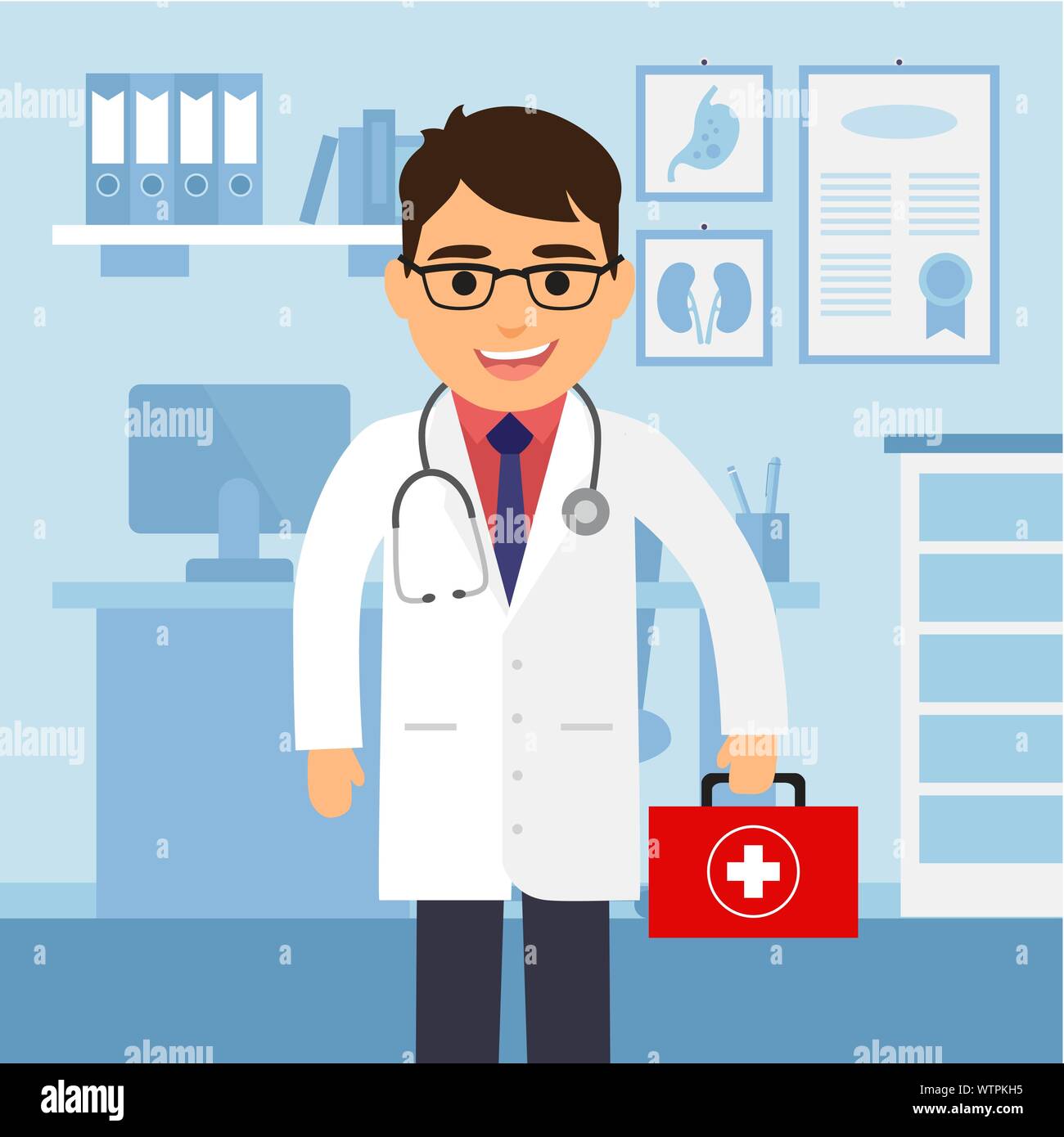 Medical office. Male doctor with a medical briefcase. Vector