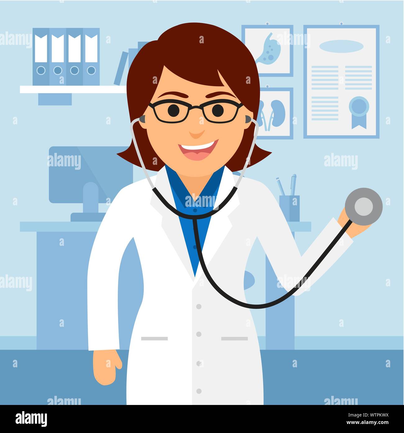 Medical office. Female doctor holding a stethoscope. Vector