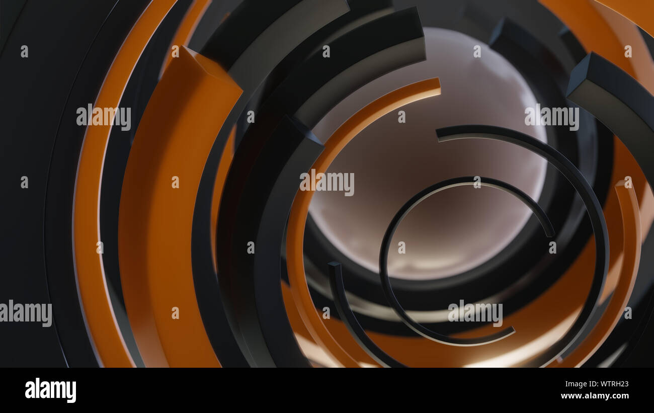 Abstract background with shiny black and orange curves and white sphere ...