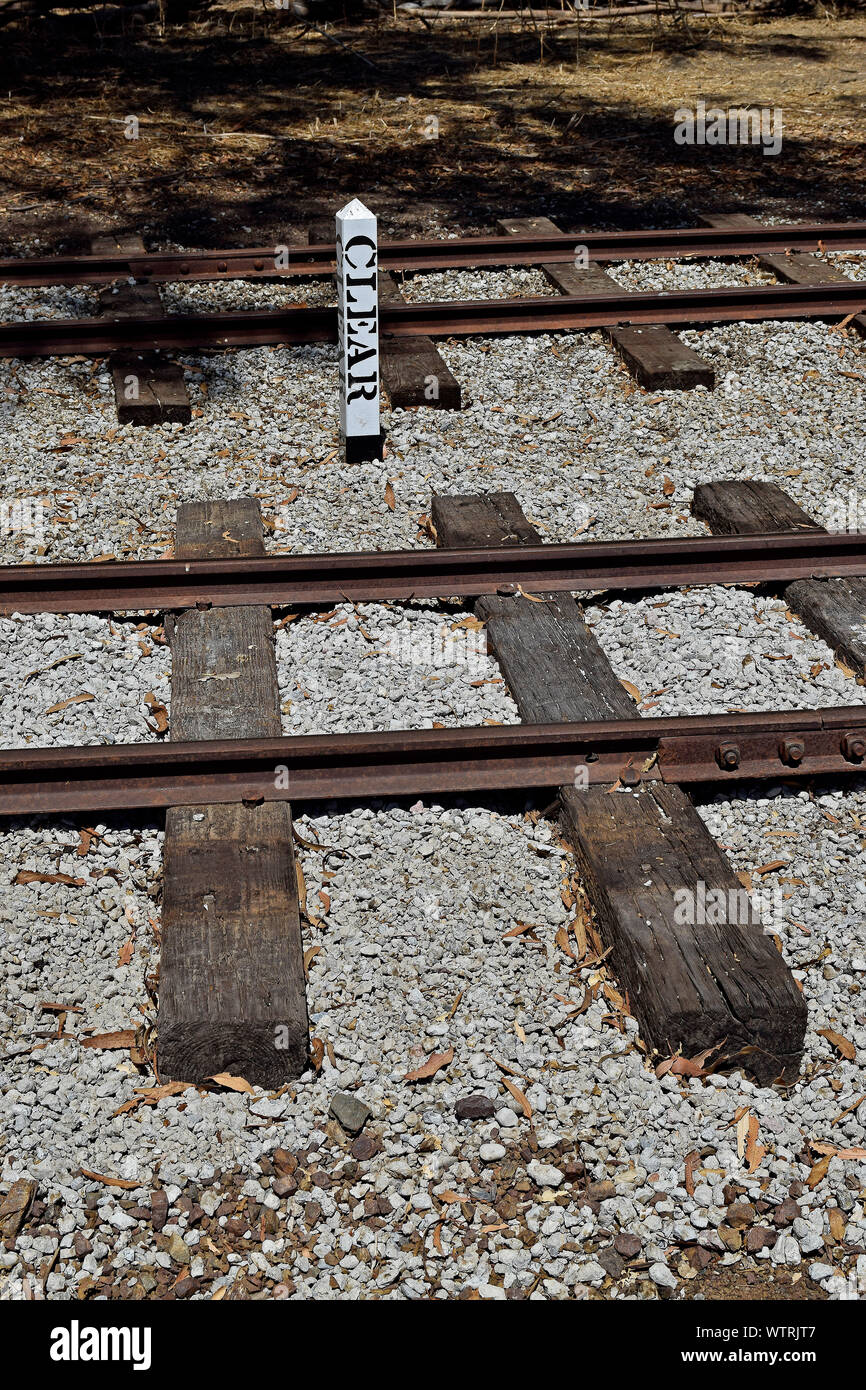 clear marker between railway tracks at  Ardenwood Historic Farm, Fremont, California Stock Photo