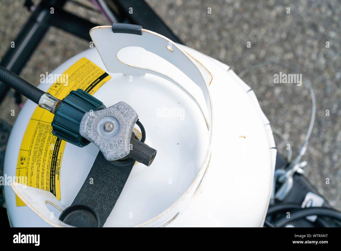 Cooking Gas Cylinder with pipe leading to RV Stock Photo