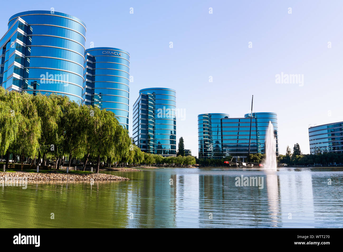 Sep 9, 2019 Redwood City / CA / USA -  Oracle corporate headquarters in Silicon Valley; Oracle Corporation is a multinational computer technology comp Stock Photo
