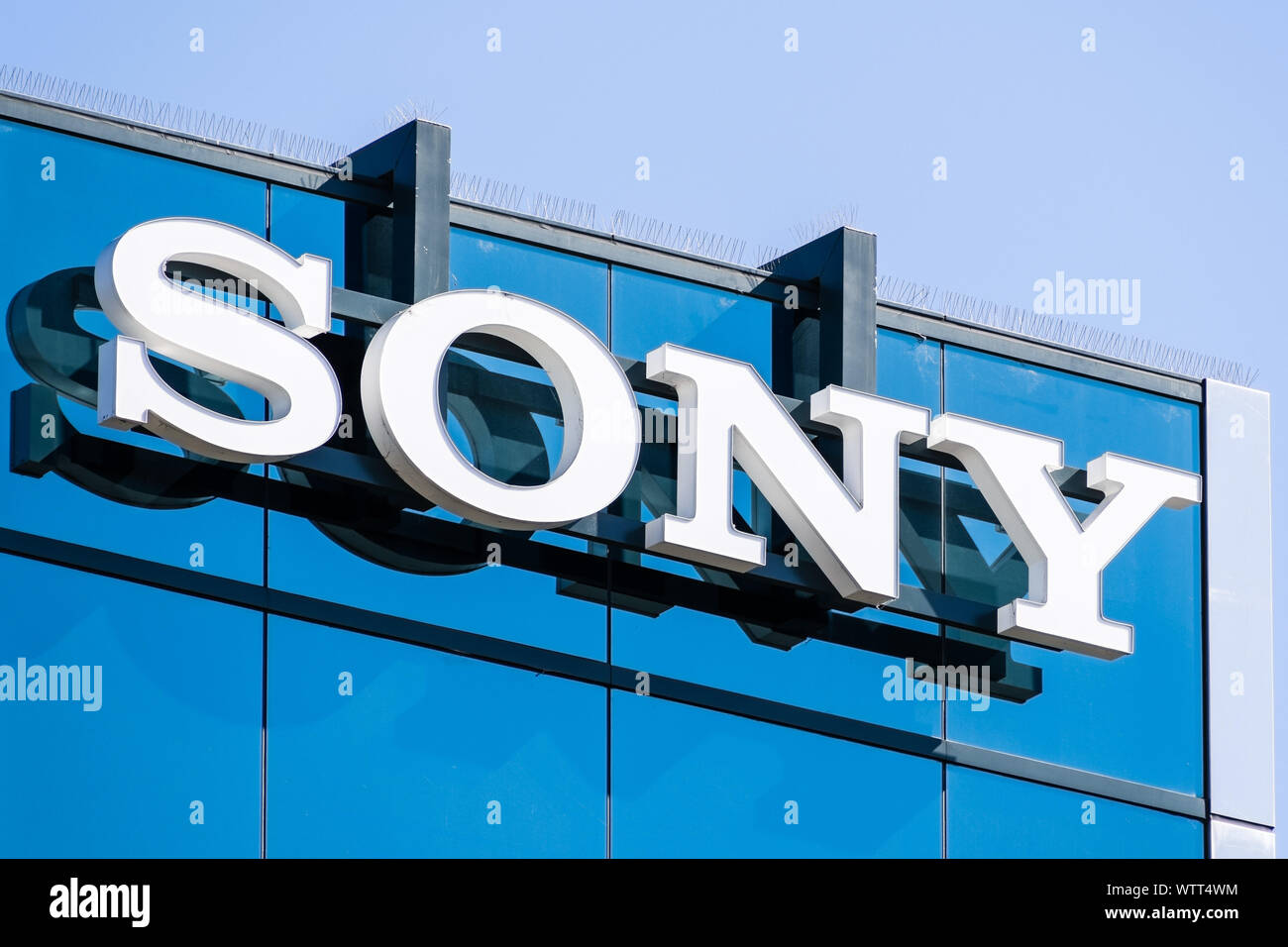 Sep 9, 2019 San Mateo / CA / USA - Sony sign at the Sony Interactive Entertainment offices in Silicon Valley; Sony Corporation is a Japanese multinati Stock Photo