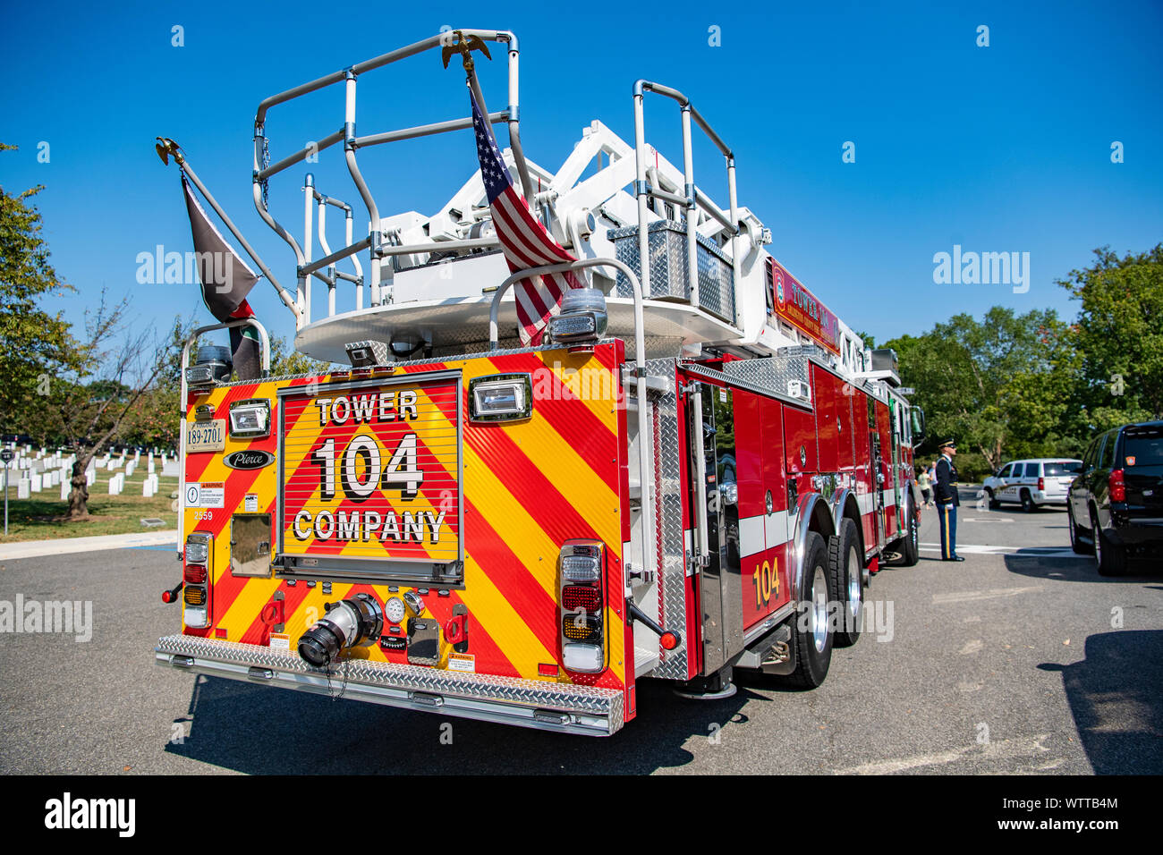 A fire truck from the Arlington County Fire Department parks outside of the Memorial Amphitheater at Arlington National Cemetery, Arlington, Virginia, Sept. 11, 2019. James Schwartz, former chief, Arlington County Fire Department; and David Povlitz, chief, Arlington County Fire Department; participated that day in an Army Honors Wreath-Laying Ceremony at the Tomb of the Unknown Soldier on the 18th anniversary of the 9/11 terrorist attacks. ACFD was the lead agency in response to the Pentagon attack on 9/11, led by Schwartz. (U.S. Army photo by Elizabeth Fraser / Arlington National Cemetery / r Stock Photo