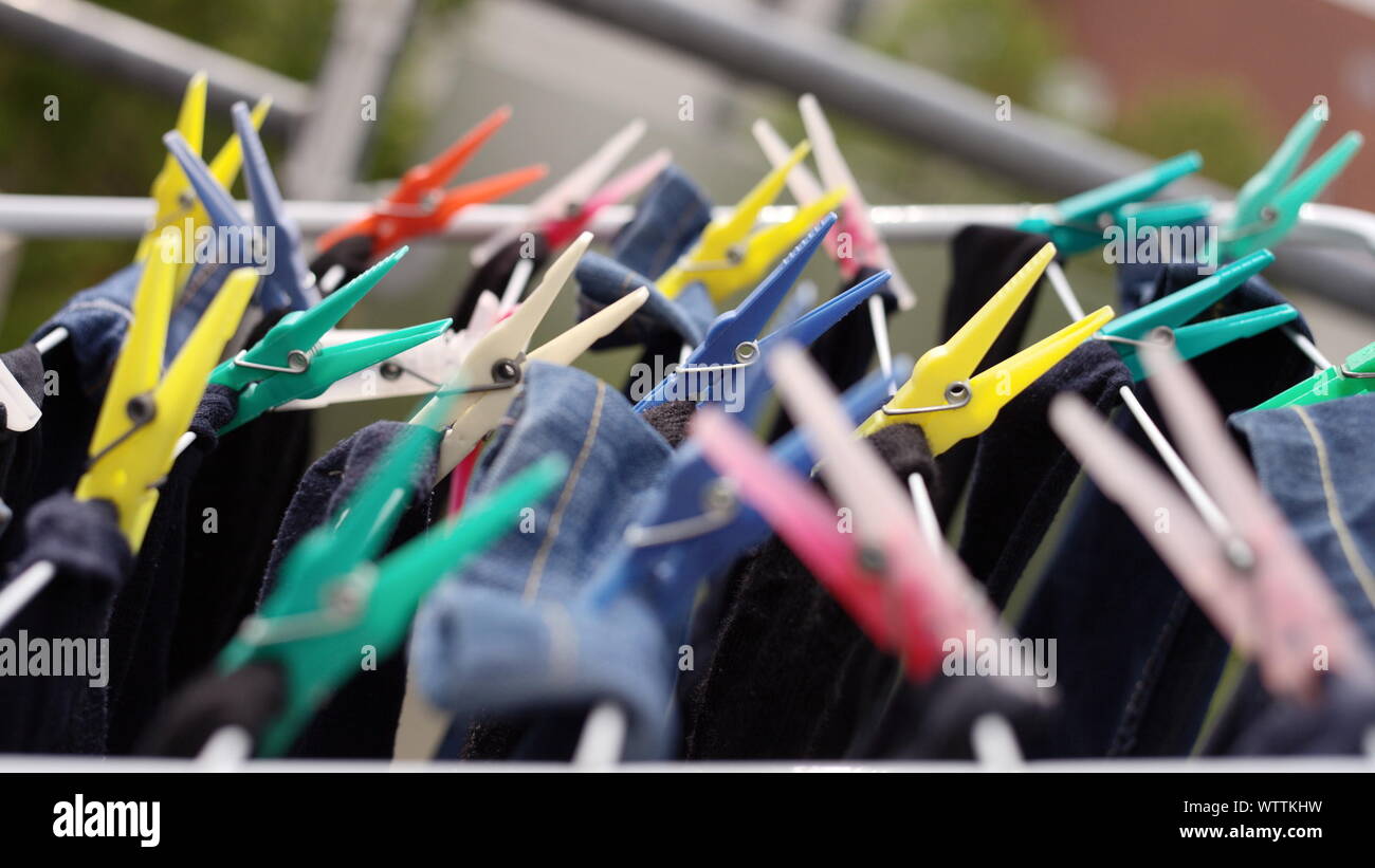 Colorful Clips And Laundry Hanging On Clothing Line Stock Photo Alamy