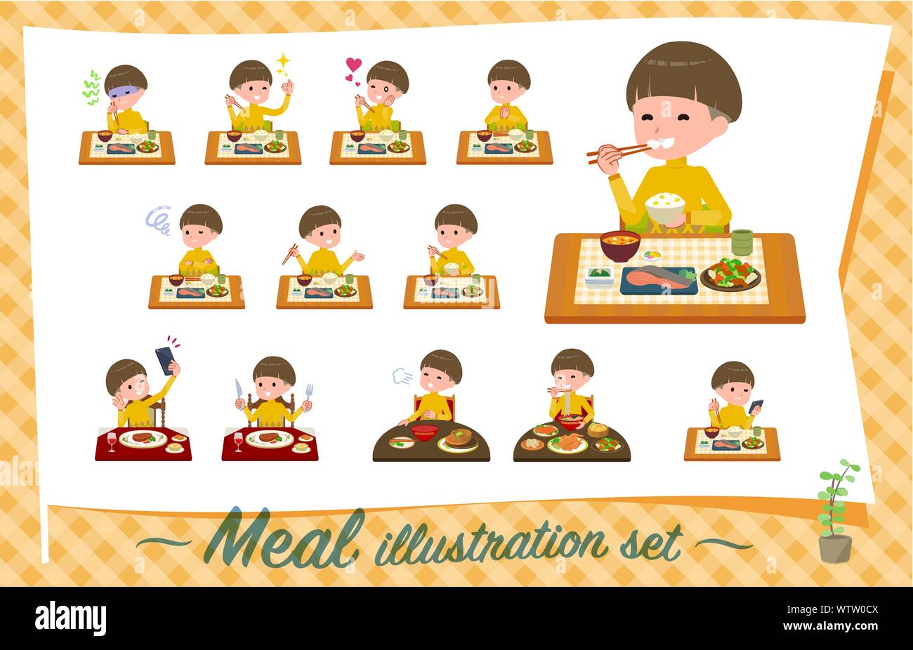 A set of boy about meals.Japanese and Chinese cuisine, Western style dishes and so on.It's vector art so it's easy to edit. Stock Vector