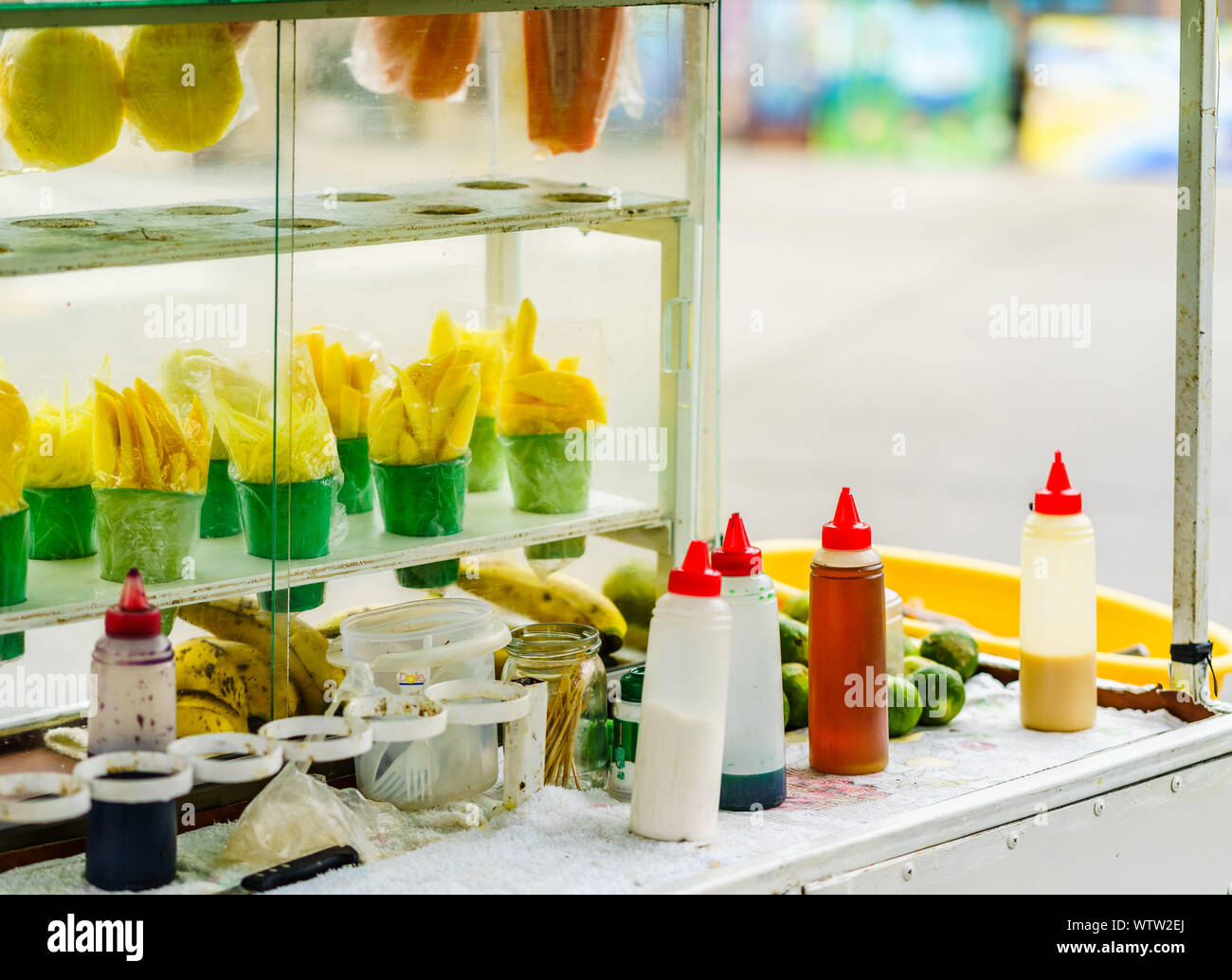 View on street food shop selling fruits in Colombia Stock Photo